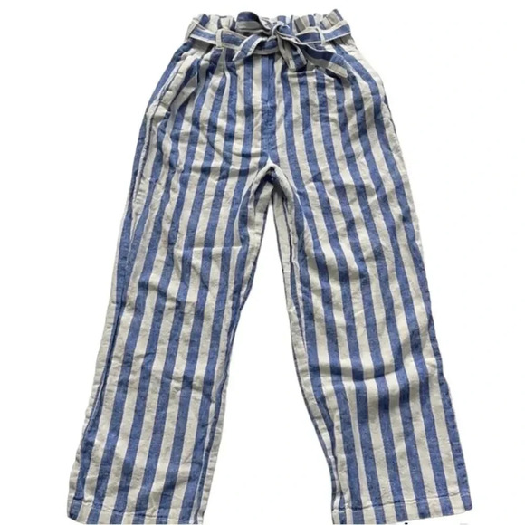J Crew Factory linen blend paper bag waist striped pants Size 0 Blue White - Picture 1 of 13